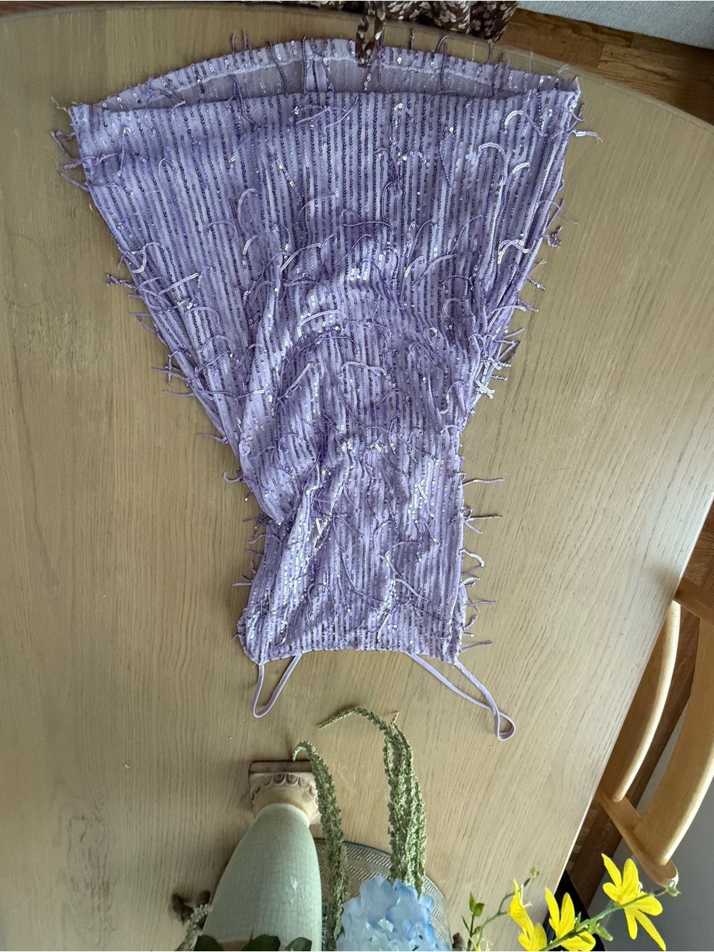 bebe Lavender Fringe Strapless Knit Top